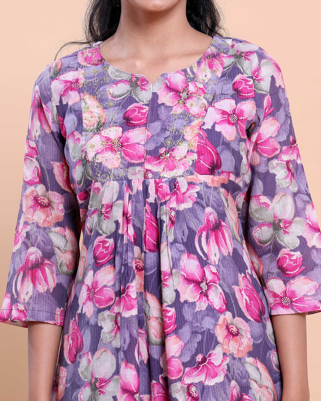 Women's Printed A-line Kurta with Round Neck and 3/4 th Sleeves - Lavender