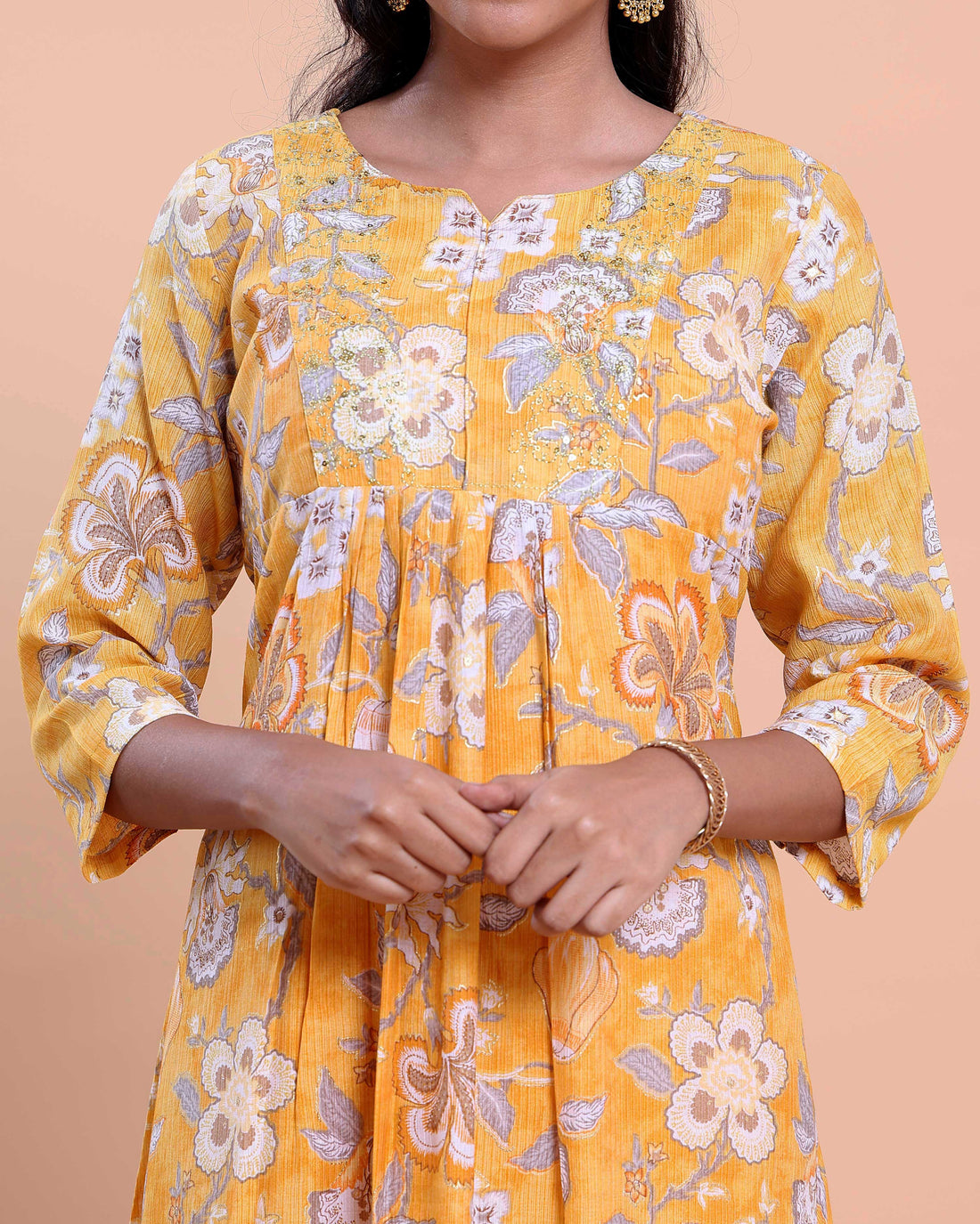 Women's Calf-Length Kurta with All-Over Floral Print and Round Neckline - Orange