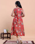 Women's Floral Printed V-Neck Sleeveless A-Line Kurta, Orange