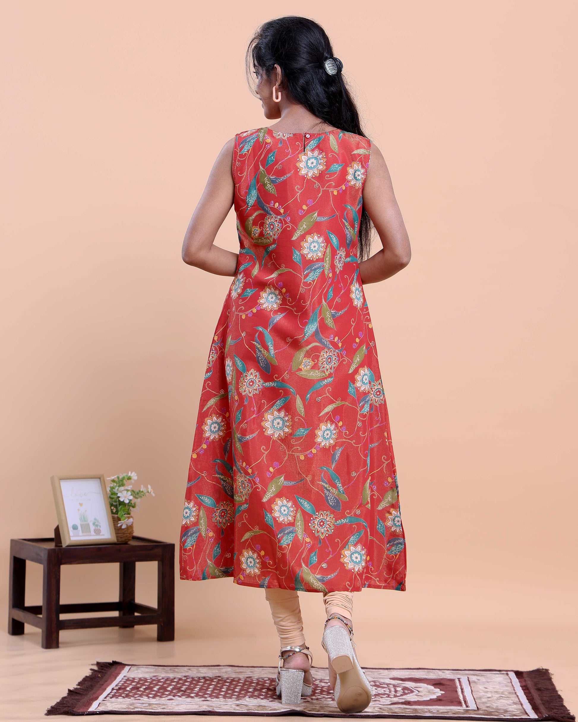 Women's Floral Printed V-Neck Sleeveless A-Line Kurta, Orange