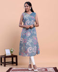 Women's Floral Printed V-Neck Sleeveless A-Line Kurta, Light Green