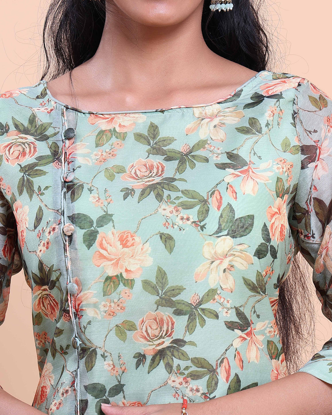 Women's Floral Printed Kurta with Front Slit and Round Neckline - Green