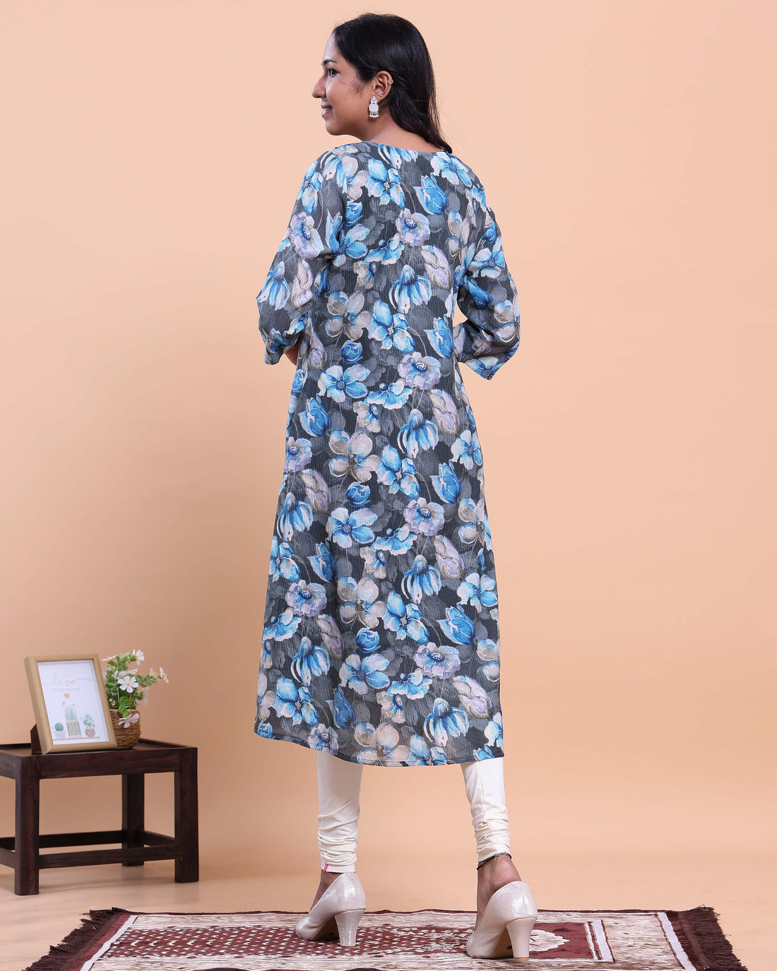 Women's Floral Printed A-Line Kurta with 3/4th Sleeves - Blue