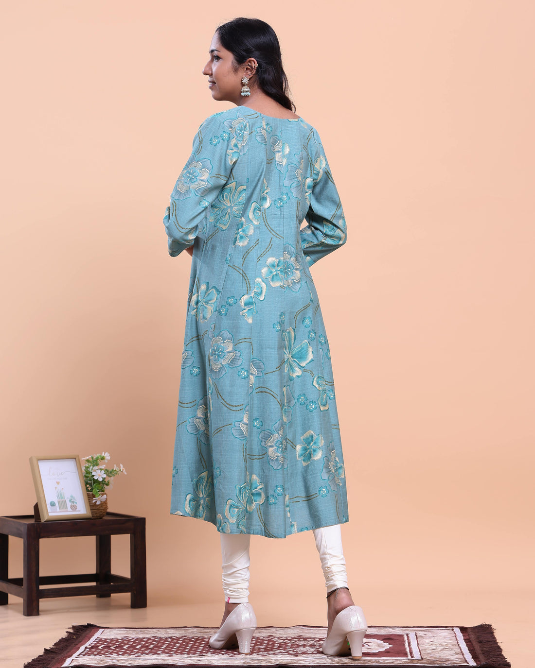 Women's Floral Printed A-Line Kurta with 3/4 Sleeves and Round Neck - Blue