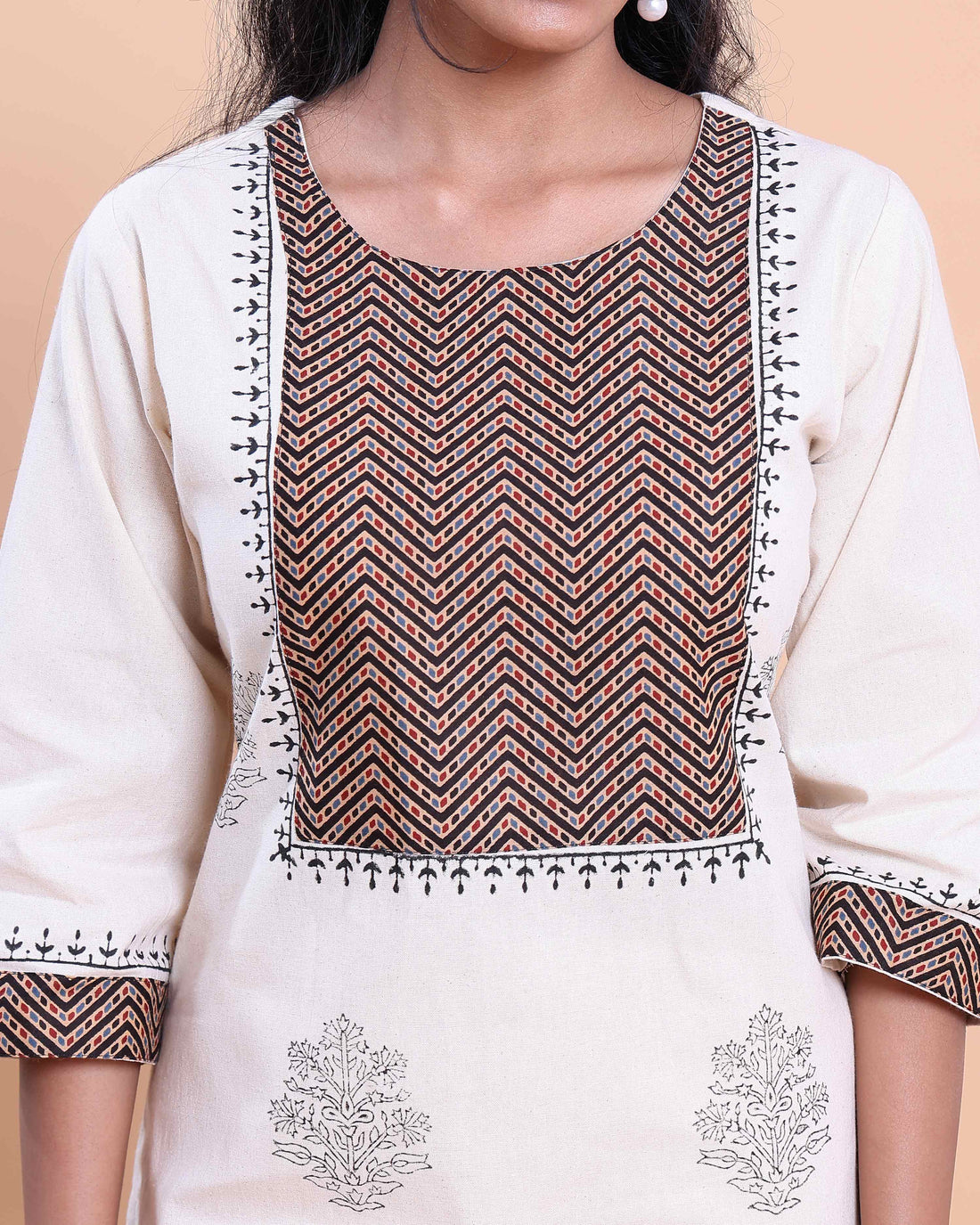 Women's Designer Round Neck Kurta with Geometric Yoke and Floral Motifs - Cream