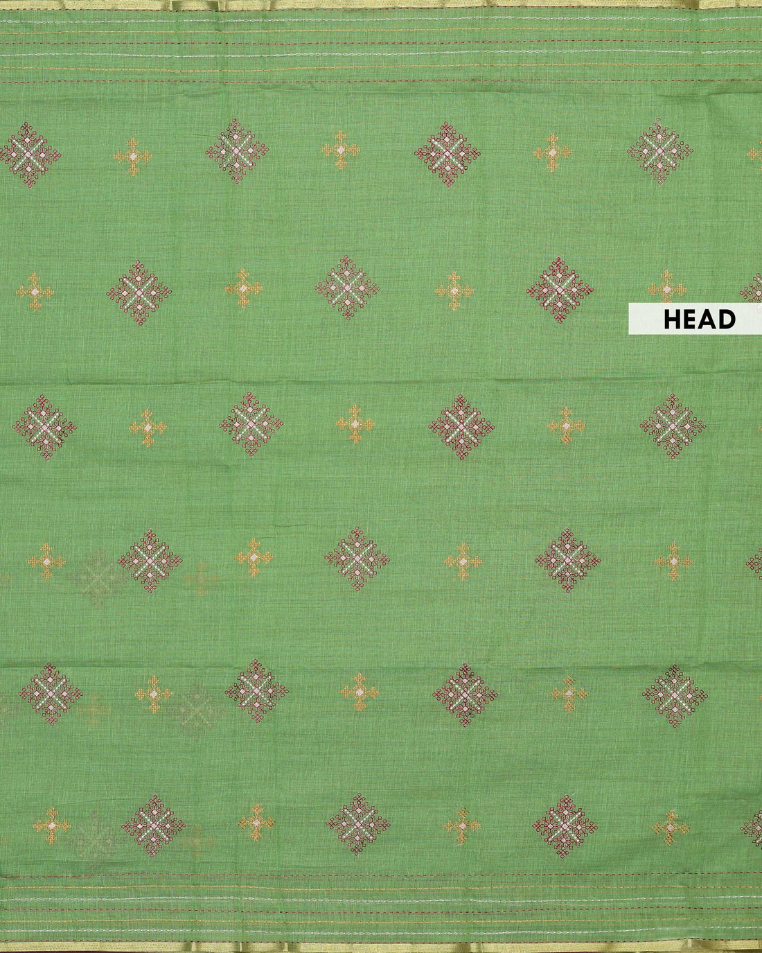 Elegant Linen Cotton Saree with Intricate Geometric Buti Embroidery and Woven Border - Green