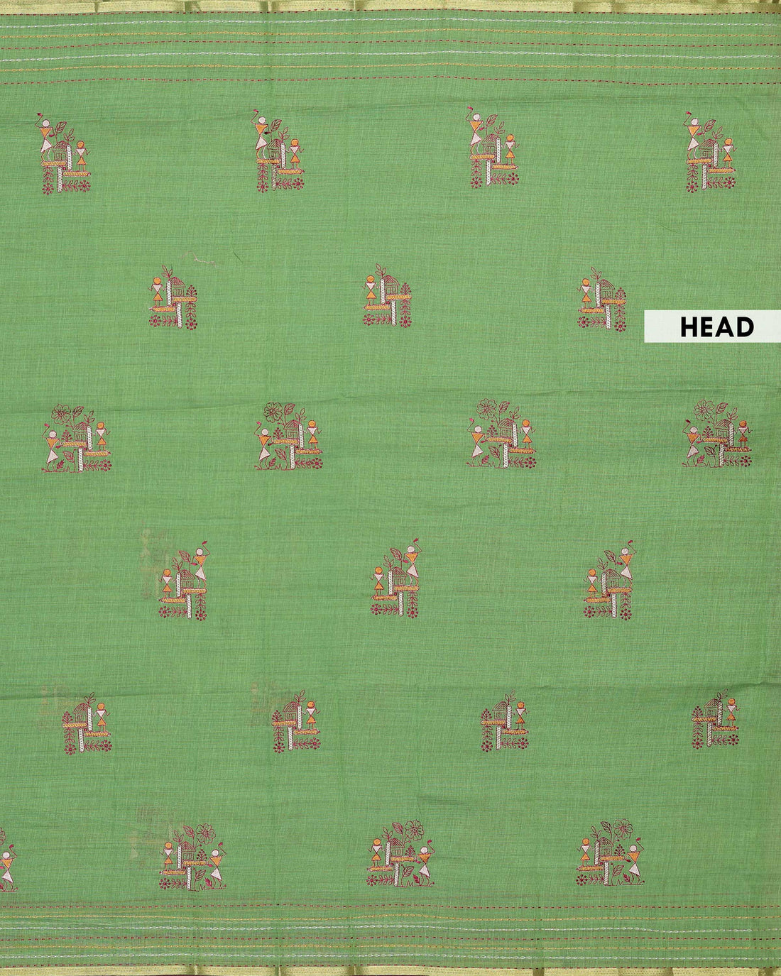 Elegant Linen Cotton Saree with Delicate Floral Buta Embroidery and Subtle Zari Woven Border  - Green