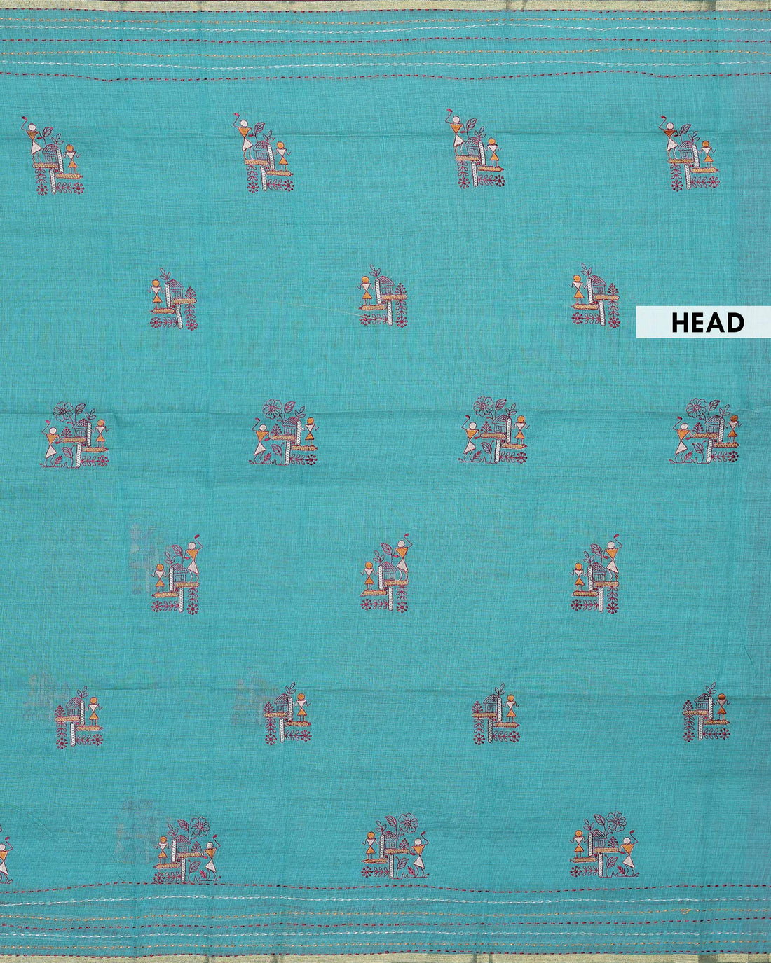 Elegant Linen Cotton Saree with Delicate Floral Buta Embroidery and Subtle Zari Woven Border - Sea Green