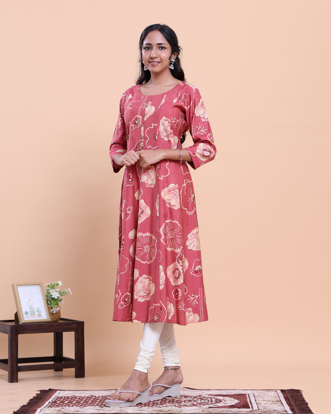 Elegant Women's Floral Printed A-Line Kurta with 3/4 th Sleeves- Pink