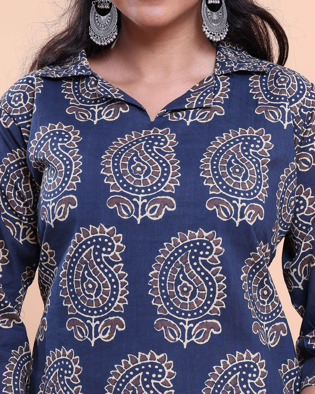 Women's Handblock Printed Kurta with Palazzo Set- Navy Blue
