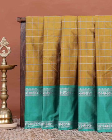 Elegant Semi Soft Silk Saree with Zari Checkered Body and Traditional Silver Zari Woven Contrast Border - Mustard