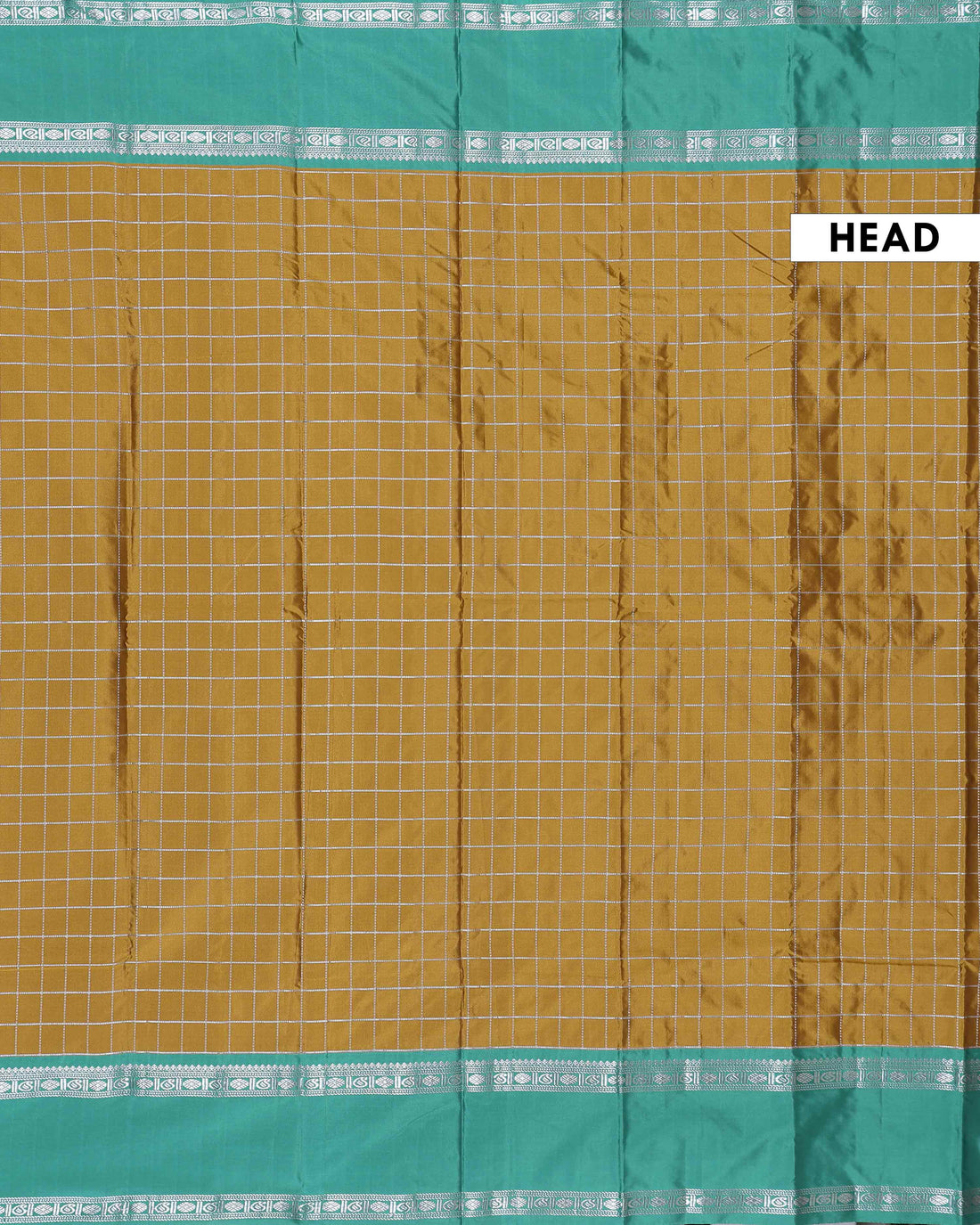 Elegant Semi Soft Silk Saree with Zari Checkered Body and Traditional Silver Zari Woven Contrast Border - Mustard