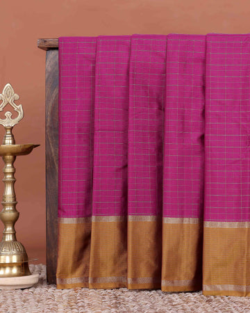 Elegant Semi Soft Silk Saree with Zari Checkered Body and Classic Contrast Woven Border - Magenta
