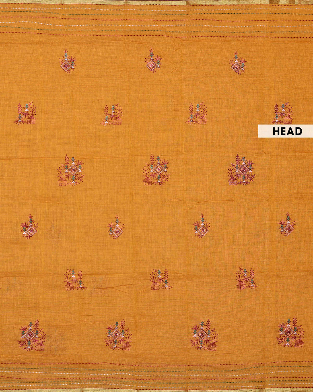 Traditional Linen Cotton Saree with Delicate Floral Buta Embroidery and Subtle Zari Woven Border - Orange