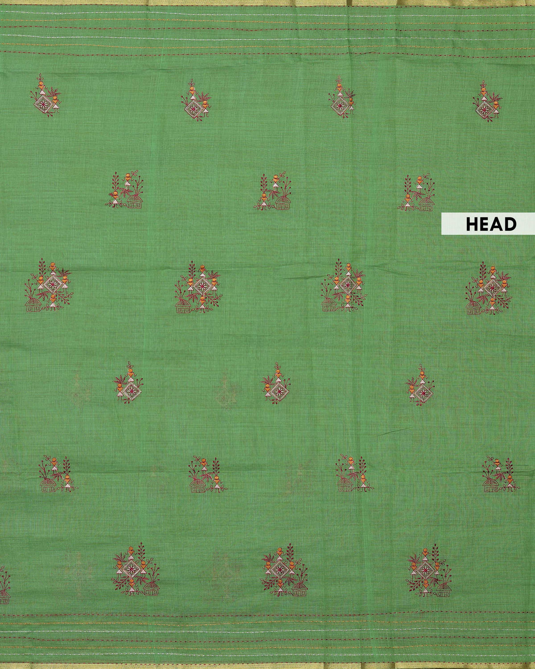 Traditional Linen Cotton Saree with Delicate Floral Buta Embroidery and Subtle Zari Woven Border - Green