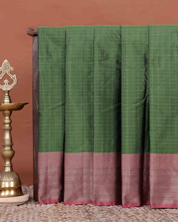 Elegant Classic Checks Semi Soft Silk Saree with Contrasting Woven Border - Green