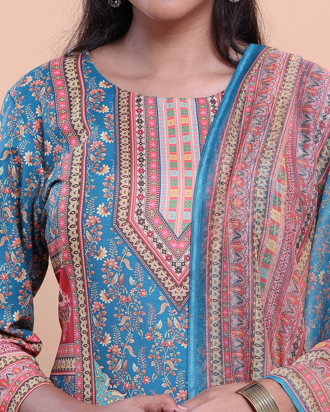 Women's Ethnic Motif Printed Kurta with Pants and Dupatta Set - Blue