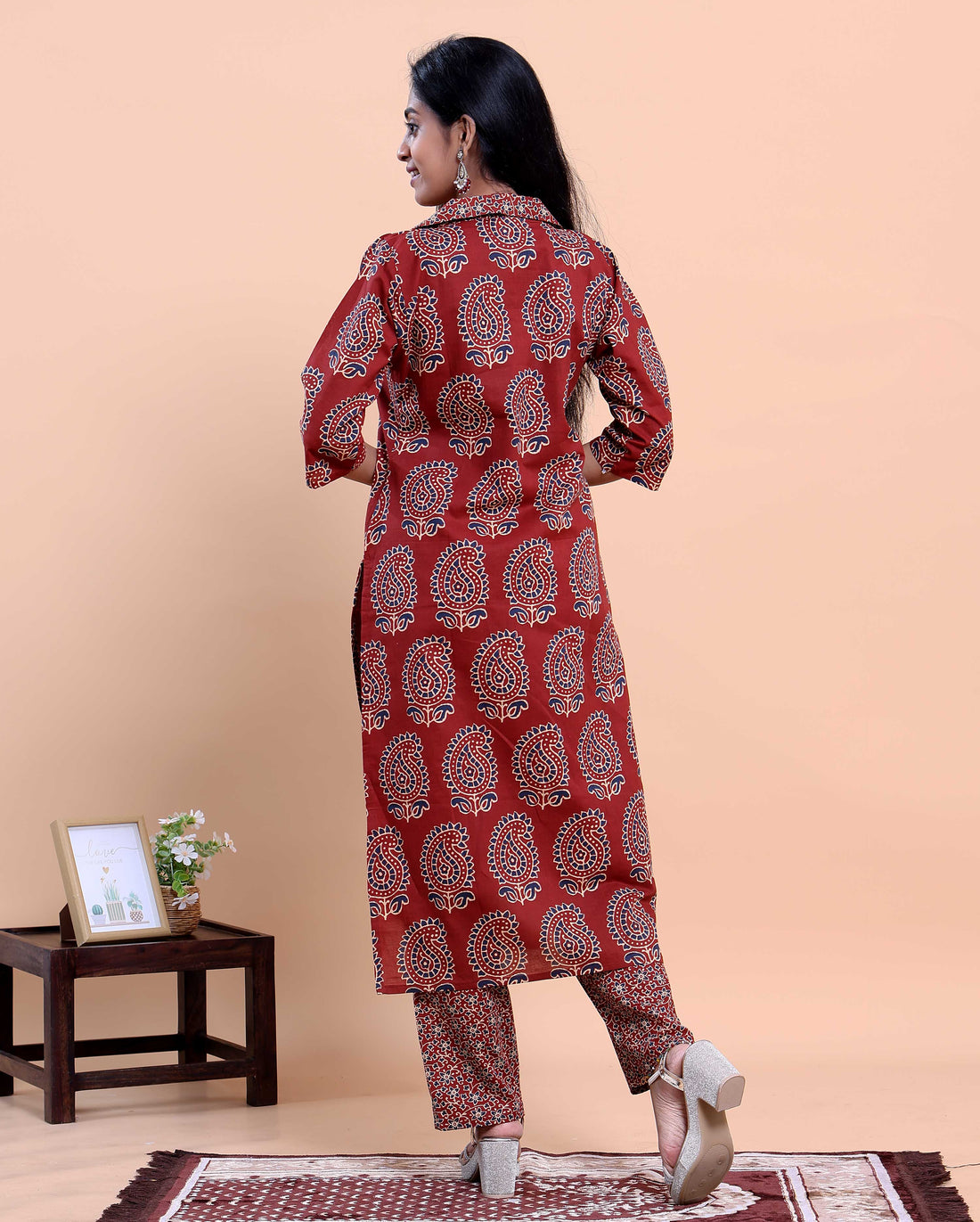 Women's Handblock Printed Kurta with Palazzo Set - Red