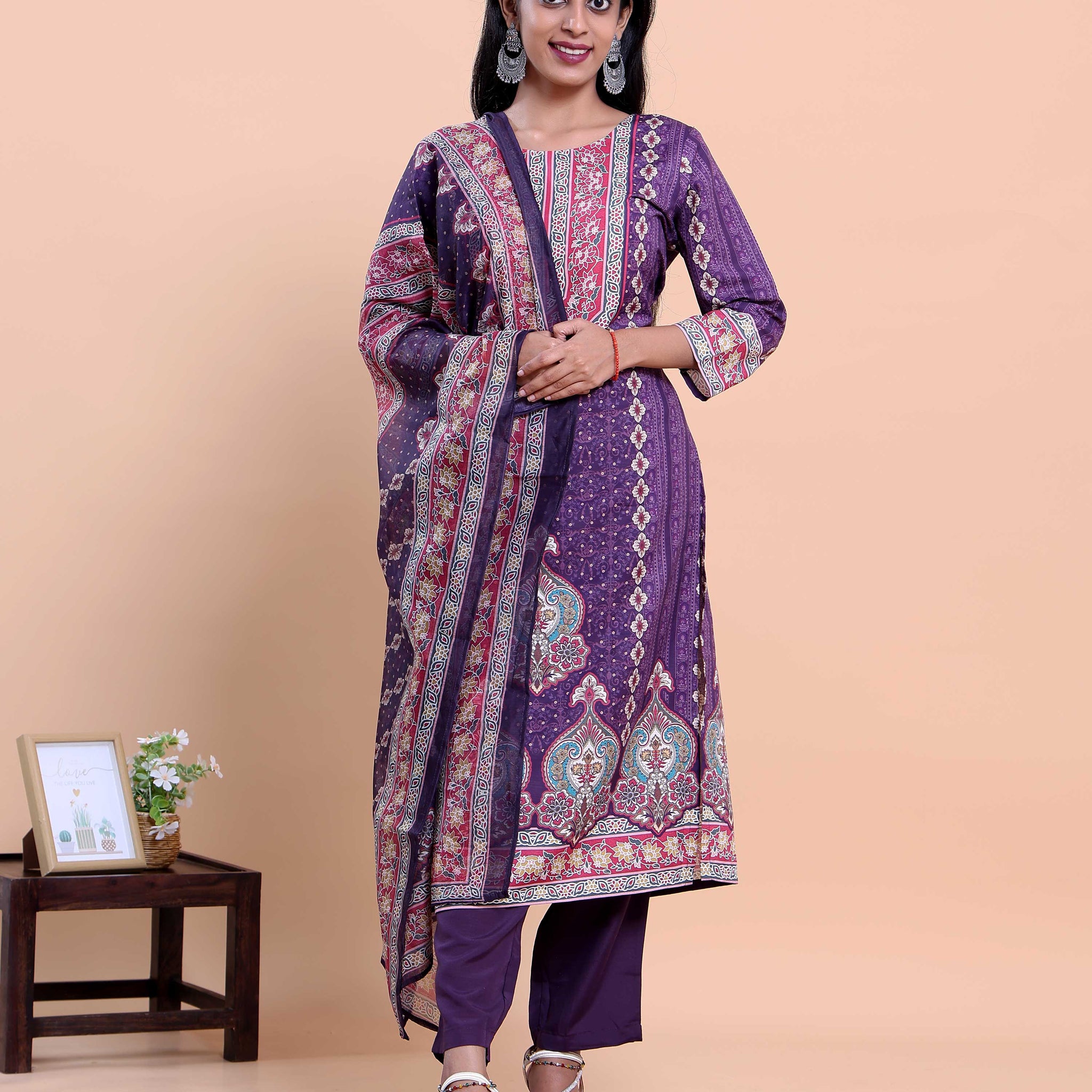 Women's Ethnic Floral Printed Kurta with Pants and Dupatta Set - Purple