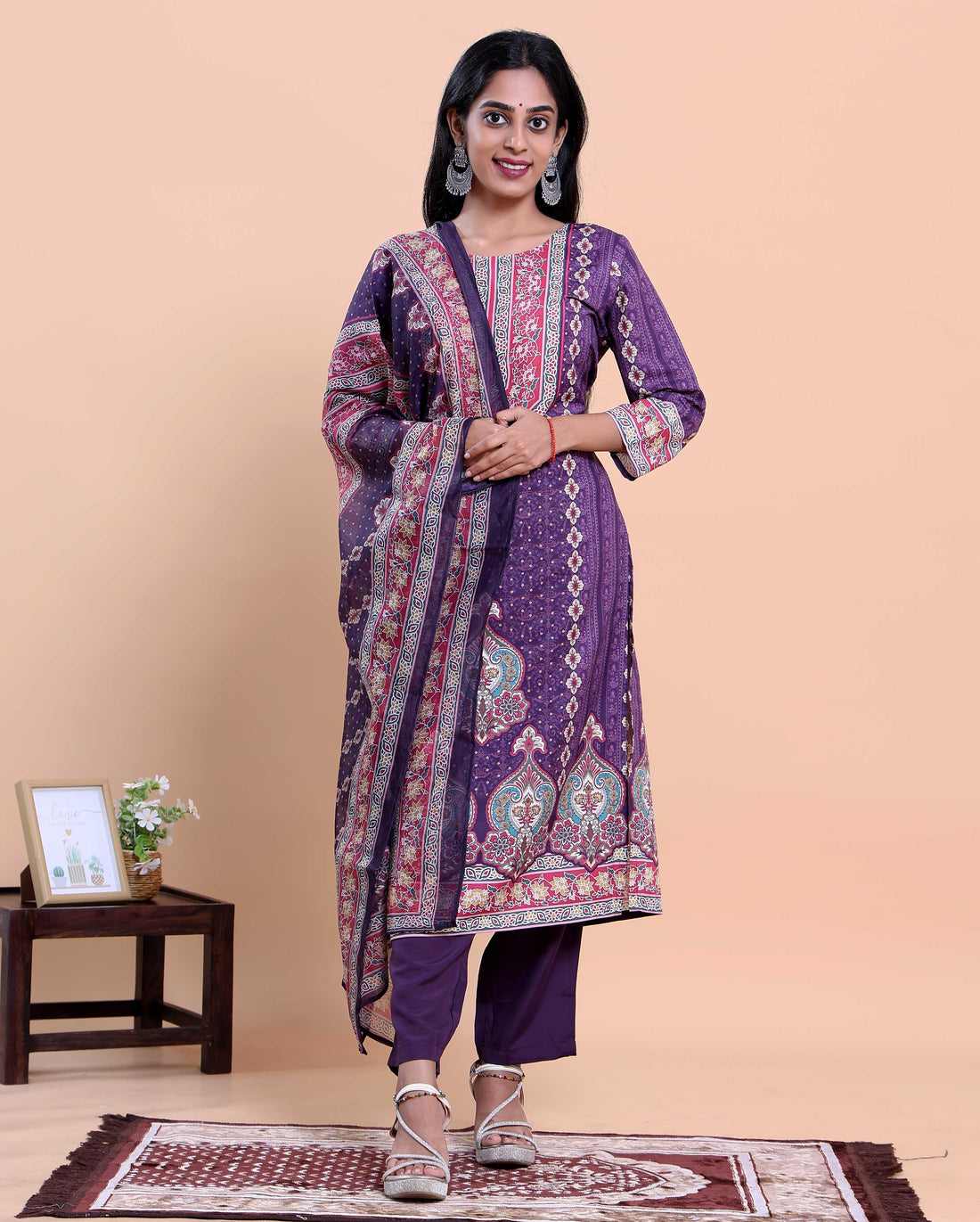 Women's Ethnic Floral Printed Kurta with Pants and Dupatta Set - Purple
