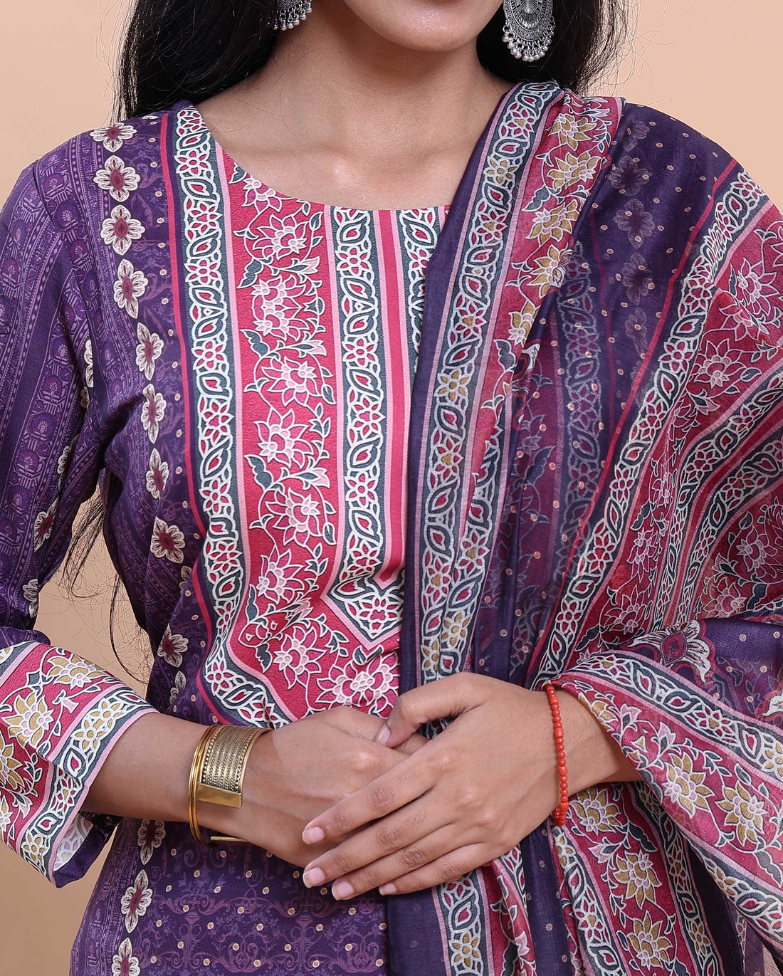 Women's Ethnic Floral Printed Kurta with Pants and Dupatta Set - Purple