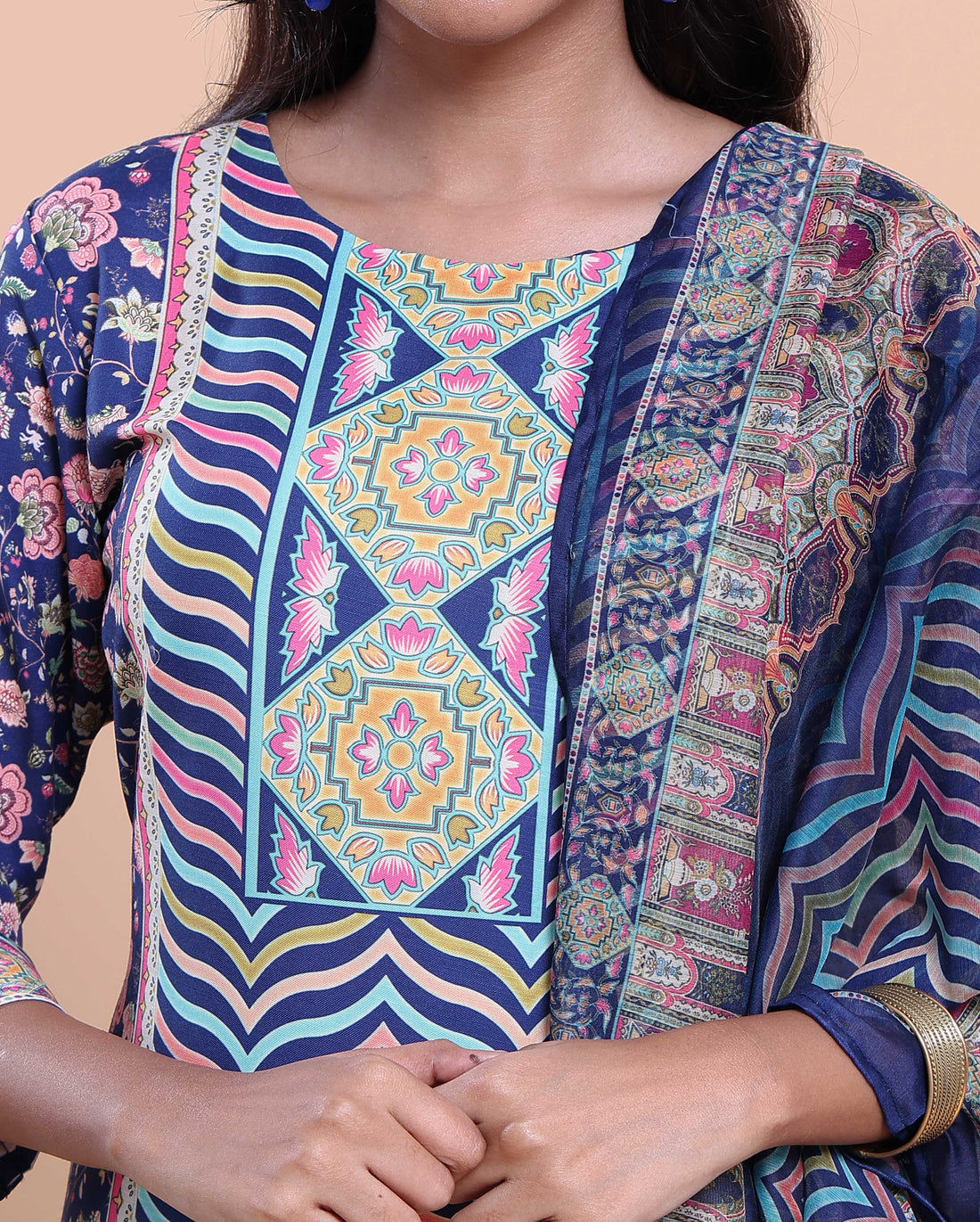 Women's Ethnic Motif Printed Kurta with Solid Pants and Dupatta Set - Navy Blue