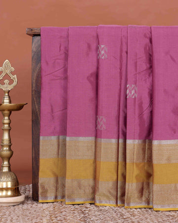 Elegant Soft Silk Saree with Plain Body and Intricate Zari Woven Geometric Motifs with Classic Contrast Border - Onion Pink