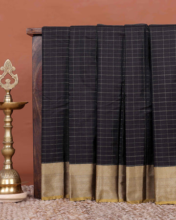 Elegant Semi Soft Silk Saree with Plain Body and Zari Woven Checked Pattern with Classic Contrast Border - Black