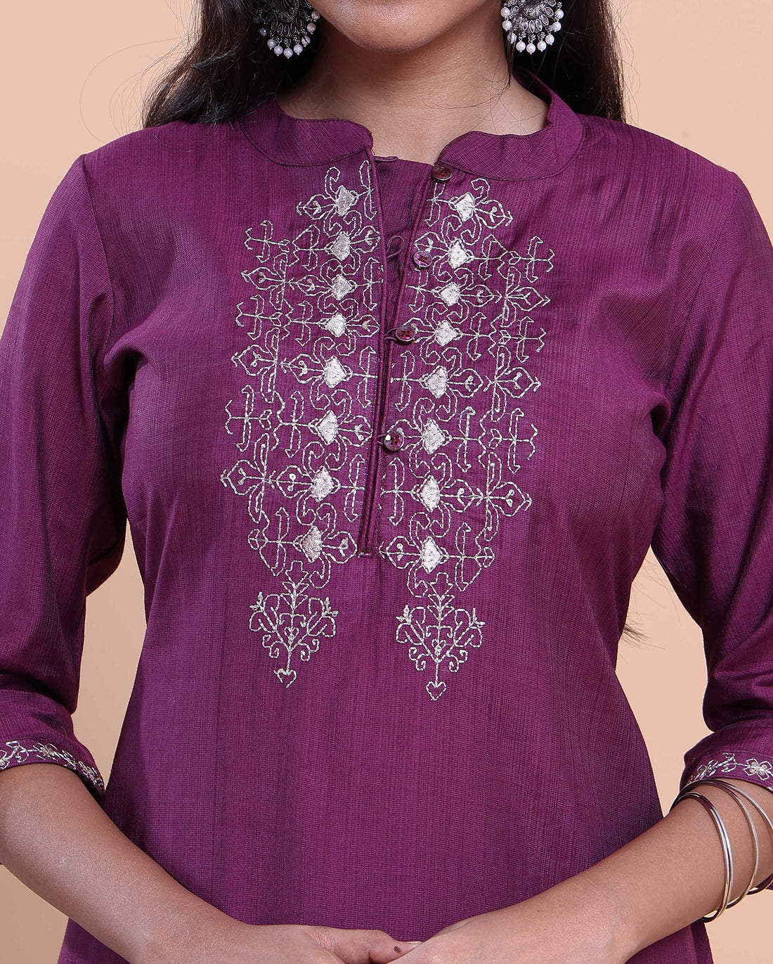 Elegant  Women's Embroidered A-Line Kurta and Straight Pant Set with Mirror Work - Purple