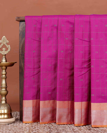 Elegant Soft Silk Saree with Graceful Plain Body and Zari Woven Checked Pattern with Traditional Border - Purple