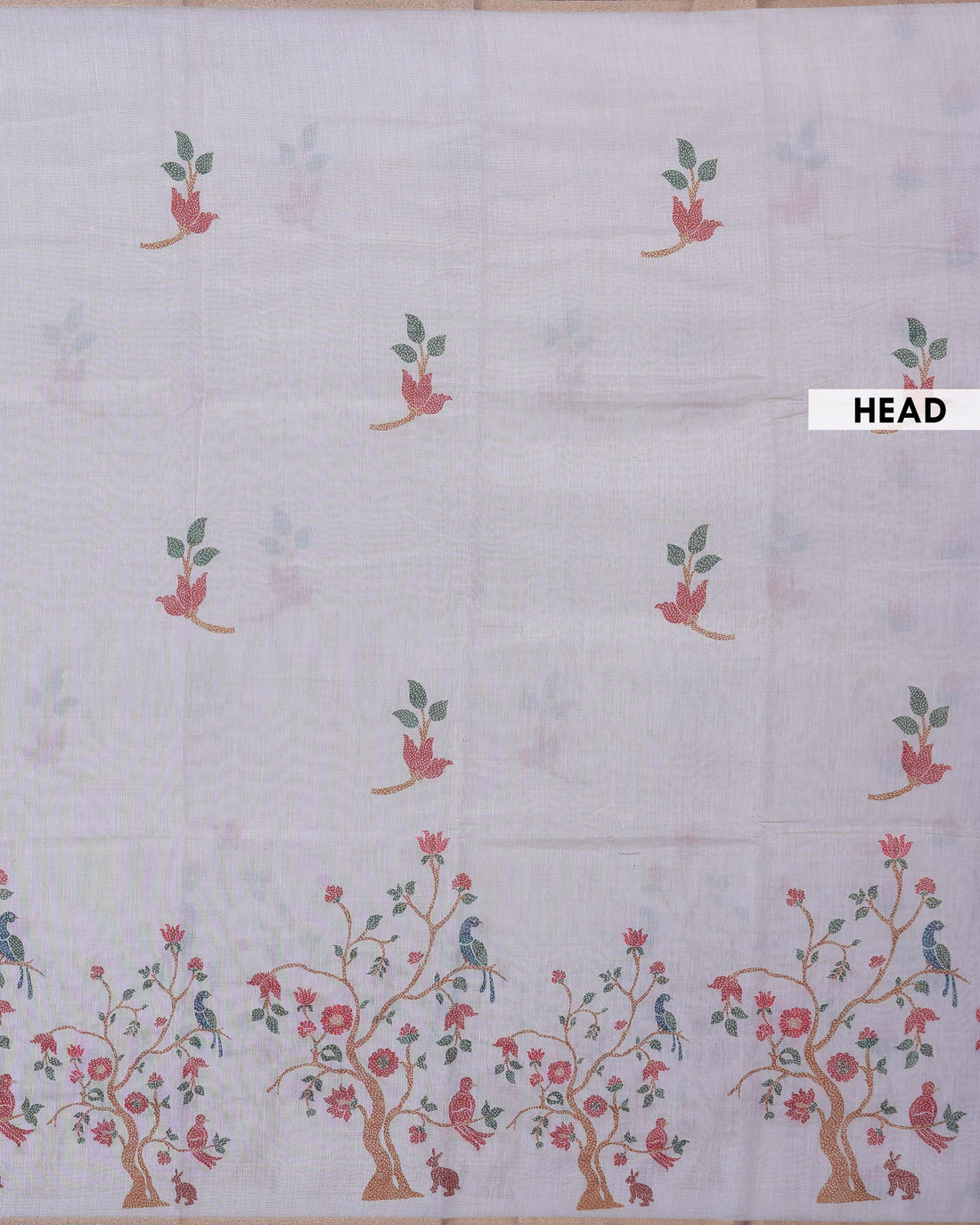 Elegant Linen Cotton Saree with Handwoven Floral Tree Motifs and Elegant Zari Border - Cream