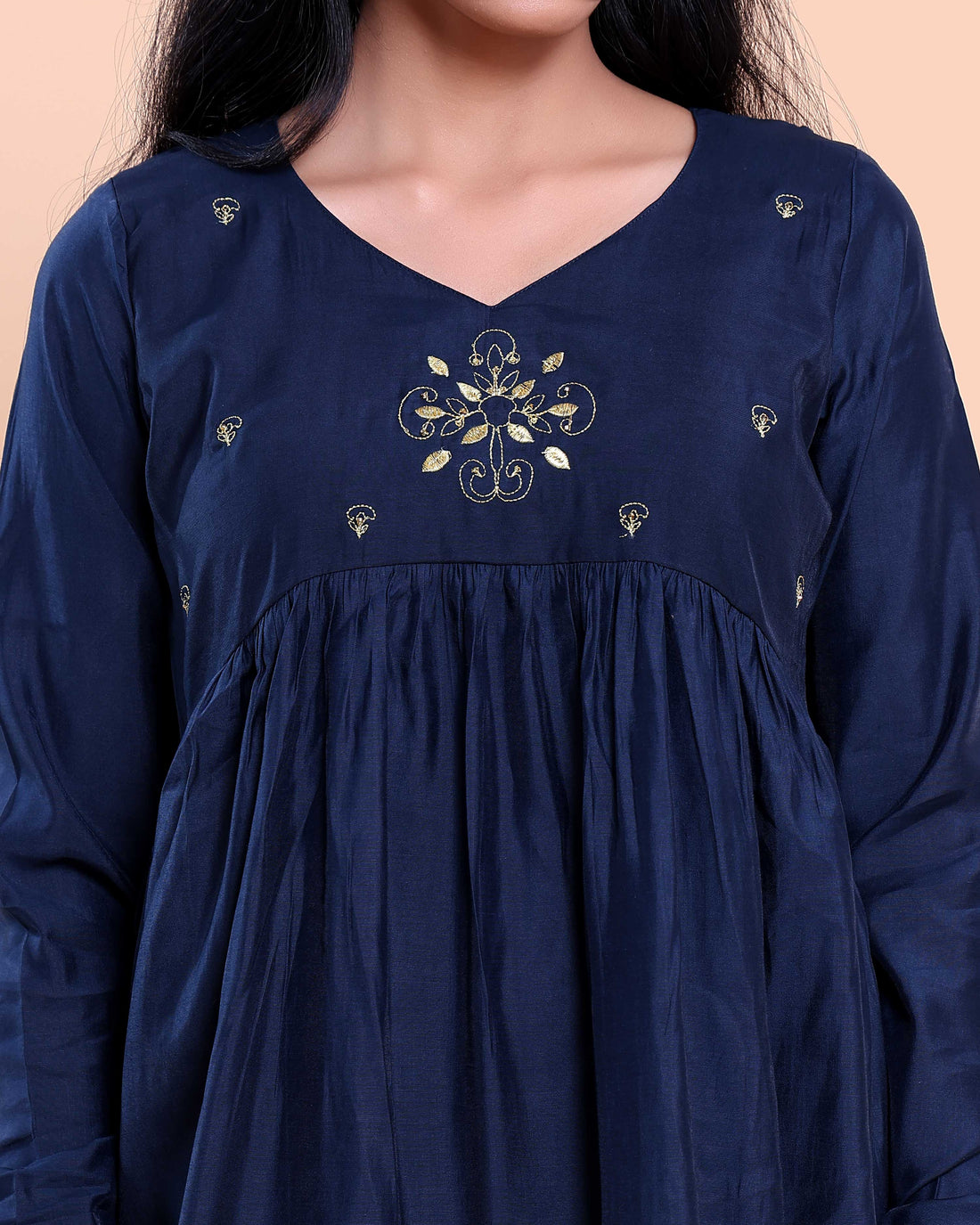 Women's Embroidered Empire Waist Long Kurta with Gathered Flared Hem and Full Sleeves - Navy Blue