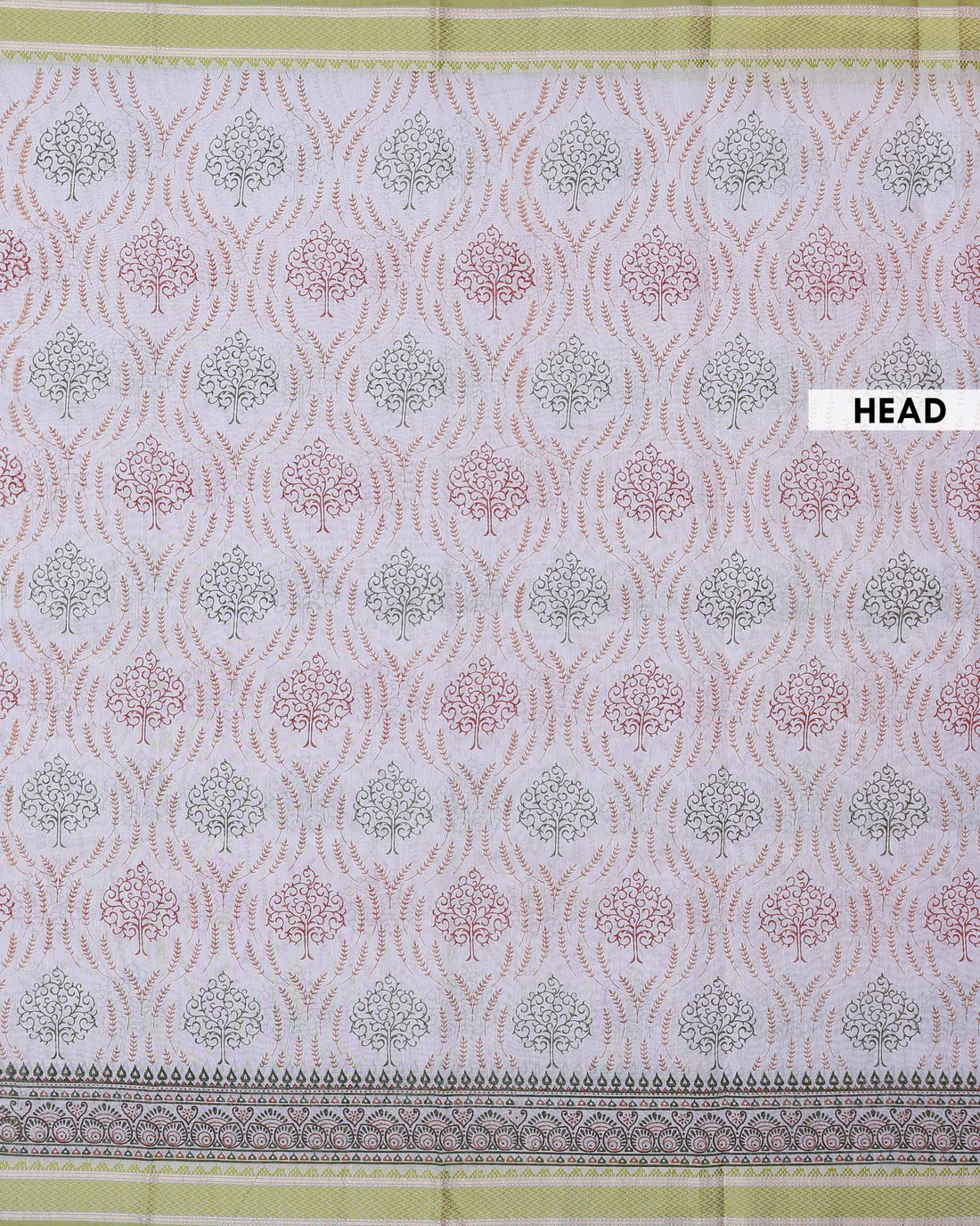 Elegant Linen Cotton Saree with All-Over Tree Inspired Motifs and Intricate Ethnic Border Weave - Cream