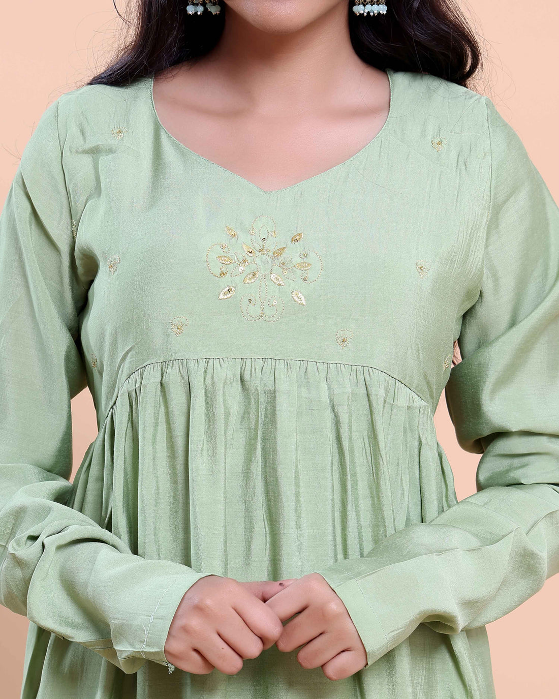 Women's Embroidered Empire Waist Long Kurta with Gathered Flared Hem and Full Sleeves - Green