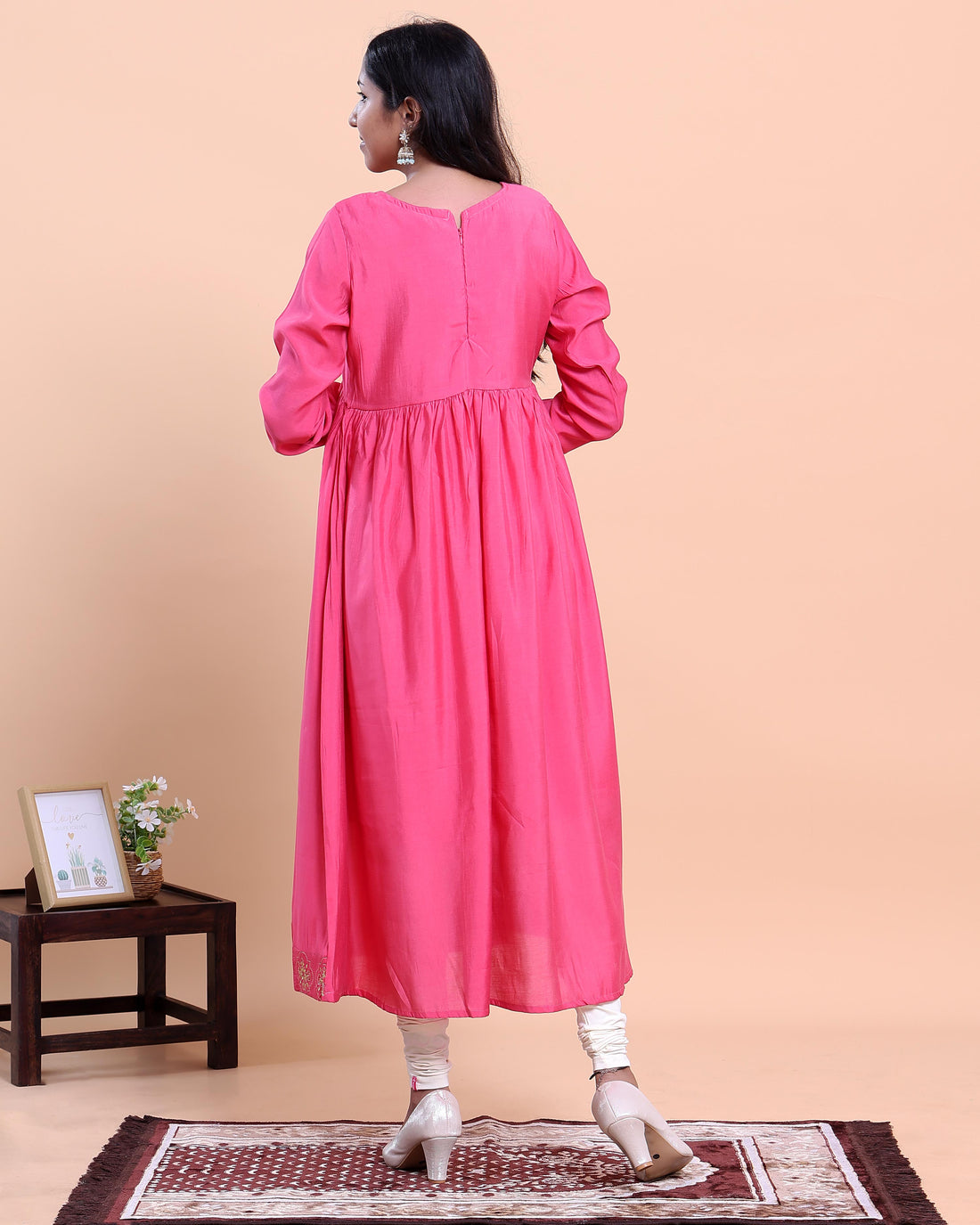Women's Embroidered Empire Waist Long Kurta with Gathered Flared Hem and Full Sleeves - Dark Pink
