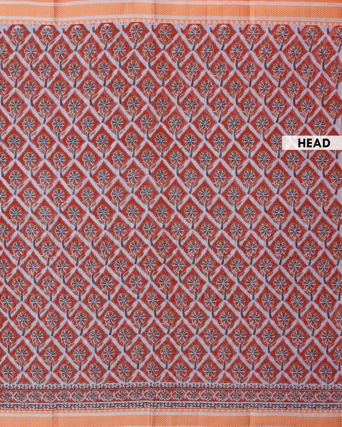 Traditional Linen Cotton Saree with Repeating Floral Diamond Pattern and Ornamental Woven Border - Rust Orange