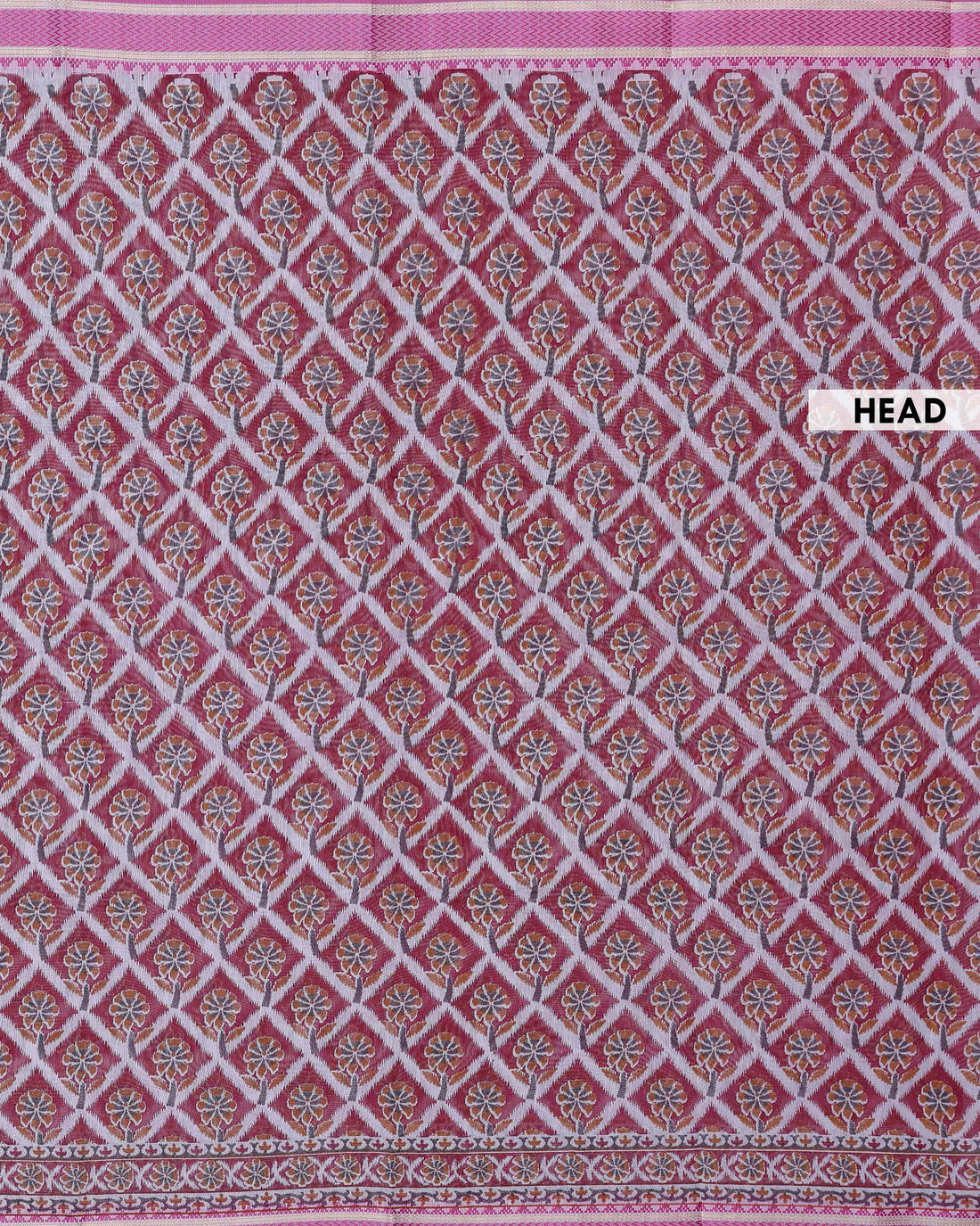 Traditional Linen Cotton Saree with Repeating Floral Diamond Pattern and Ornamental Woven Border - Maroon