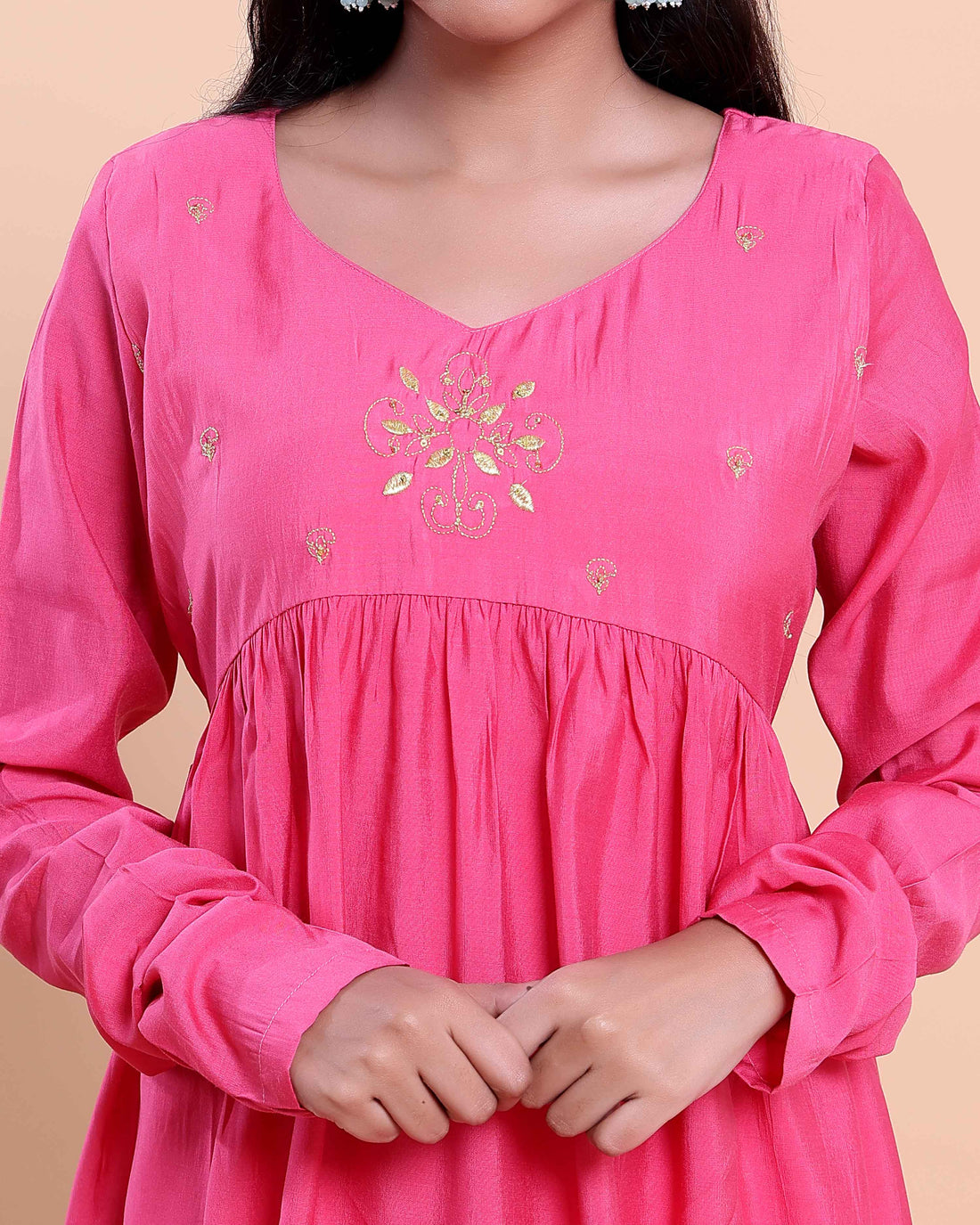 Women's Embroidered Empire Waist Long Kurta with Gathered Flared Hem and Full Sleeves - Pink