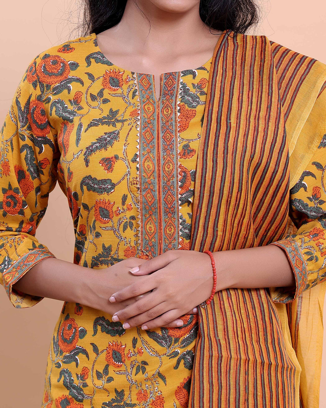 Women's Floral Printed Straight Kurta with Striped Pant and Dupatta - Yellow