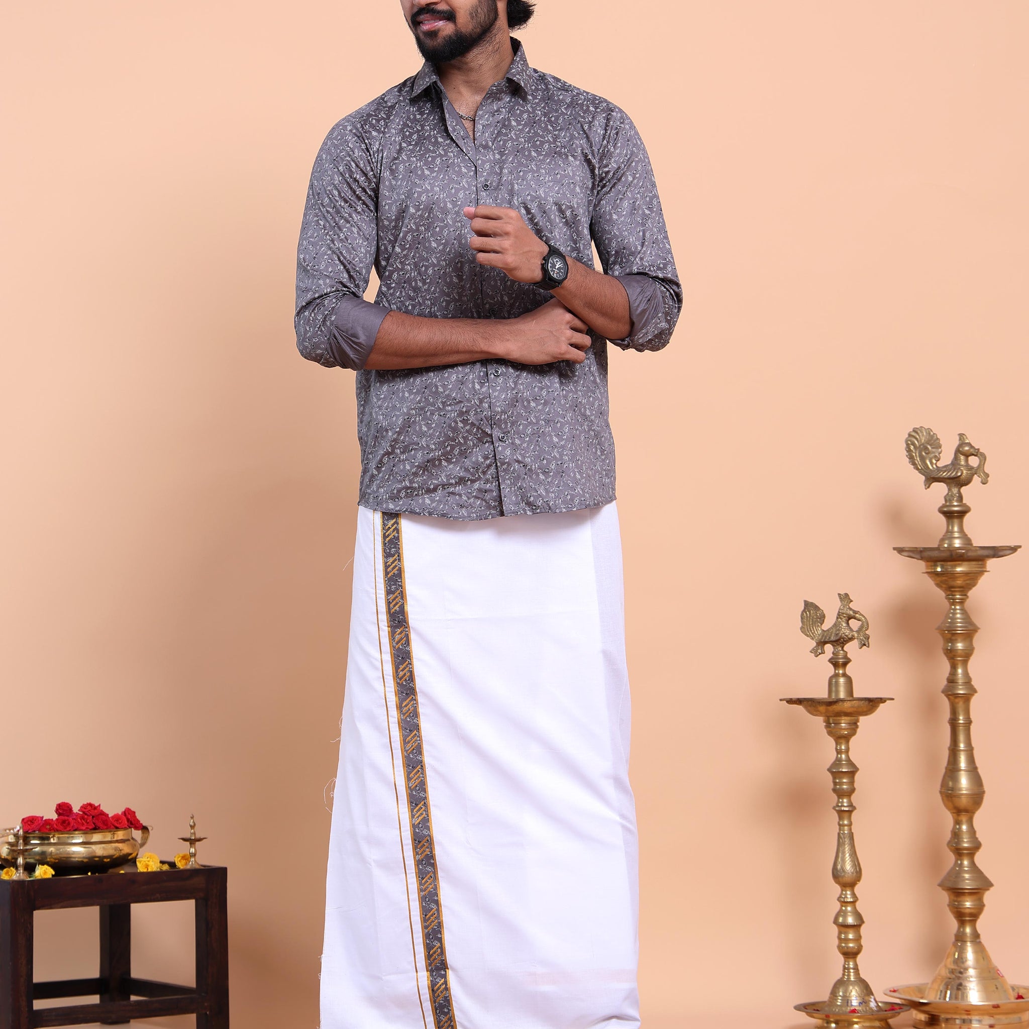 Elegant Men's Ethnic Full Sleeve Shirt & Dhoti Set with Traditional Border - Grey