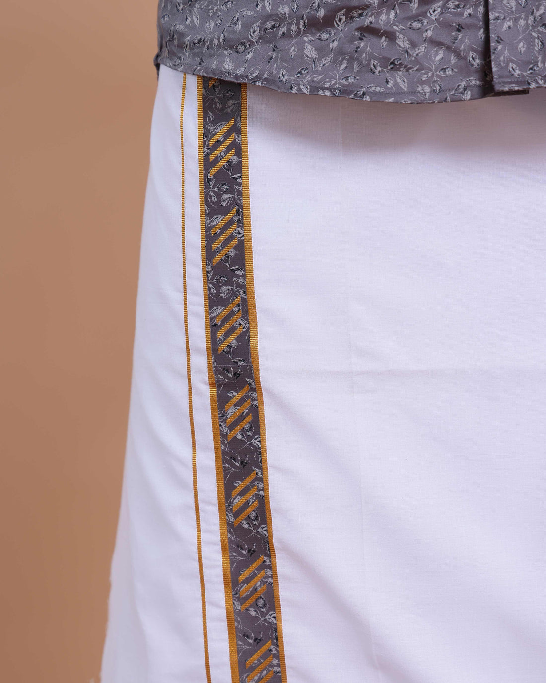 Elegant Men's Ethnic Full Sleeve Shirt & Dhoti Set with Traditional Border - Grey