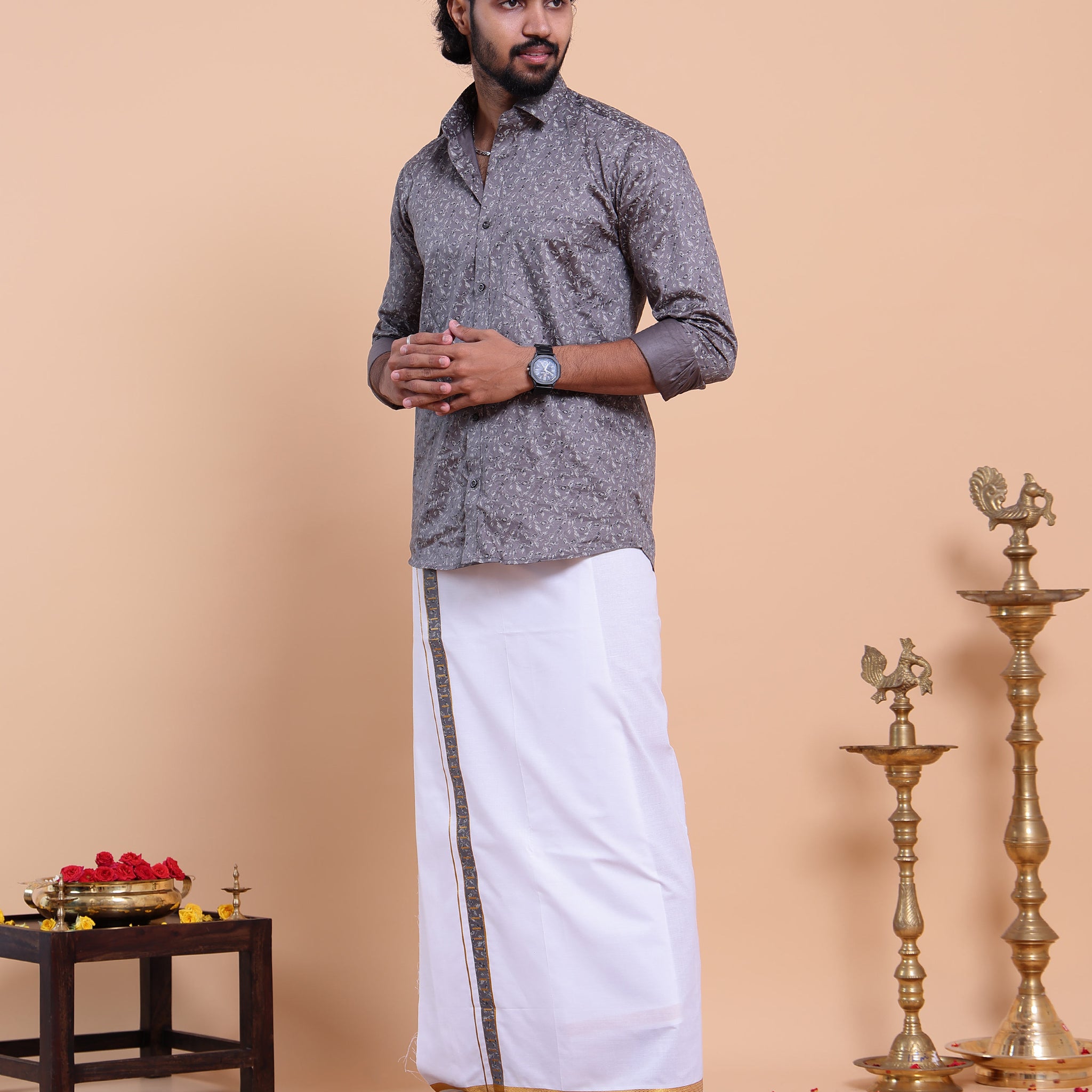 Elegant Men's Ethnic Full Sleeve Shirt & Dhoti Set with Traditional Border - Grey