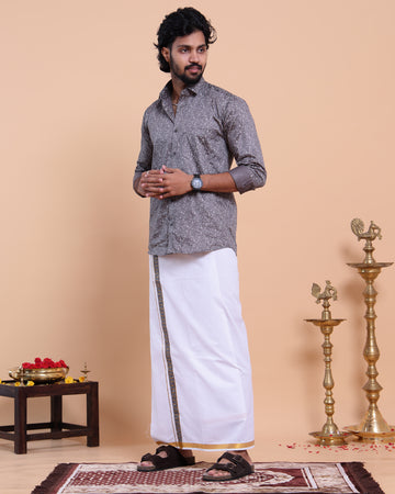 Elegant Men's Ethnic Full Sleeve Shirt & Dhoti Set with Traditional Border - Grey