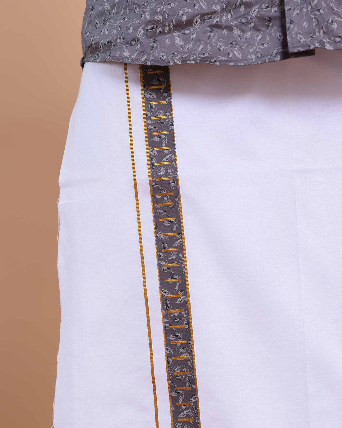 Elegant Men's Ethnic Full Sleeve Shirt & Dhoti Set with Traditional Border - Grey