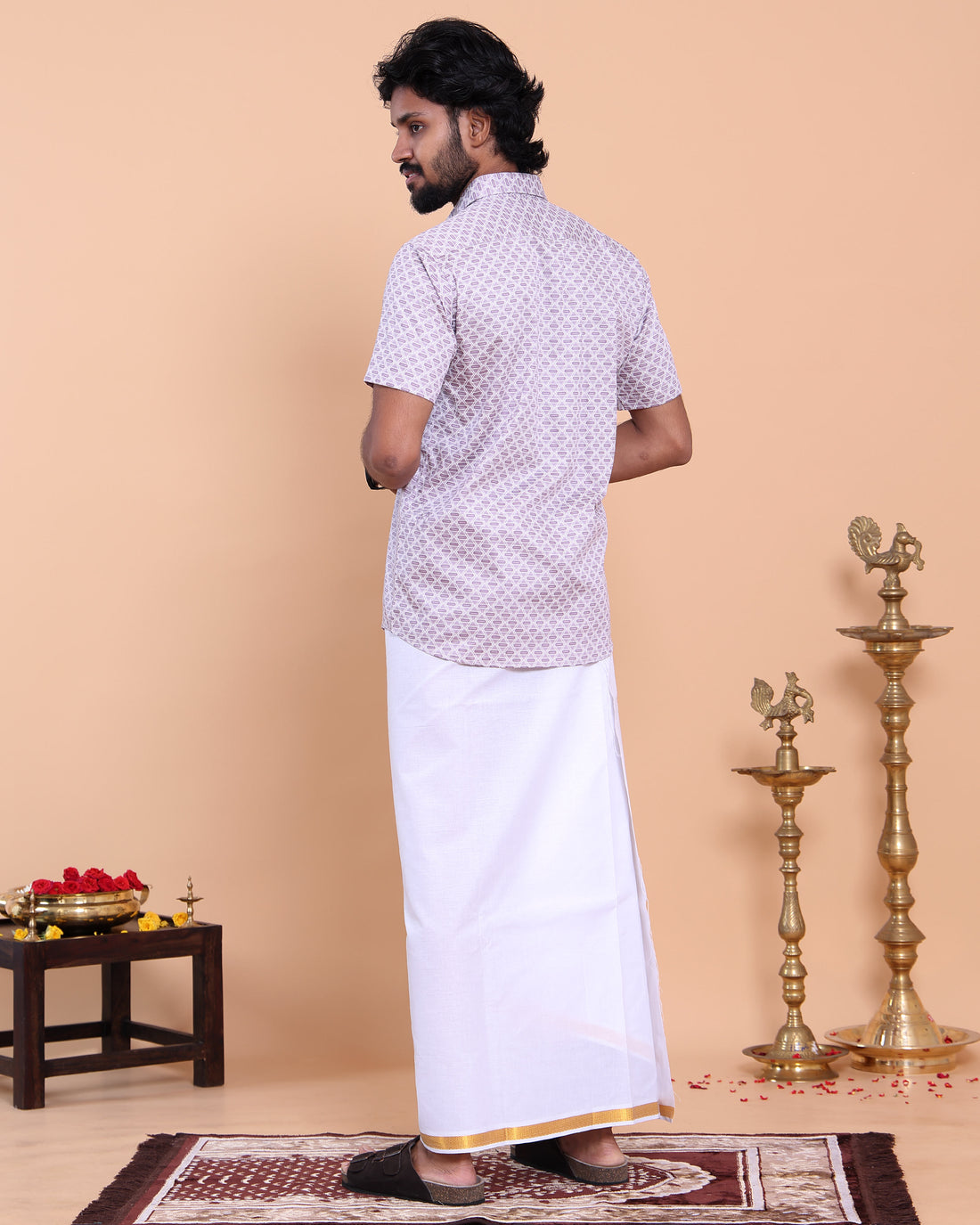 Men's Printed Shirt and Traditional Dhoti Set with Elegant Zari Border - Lavender