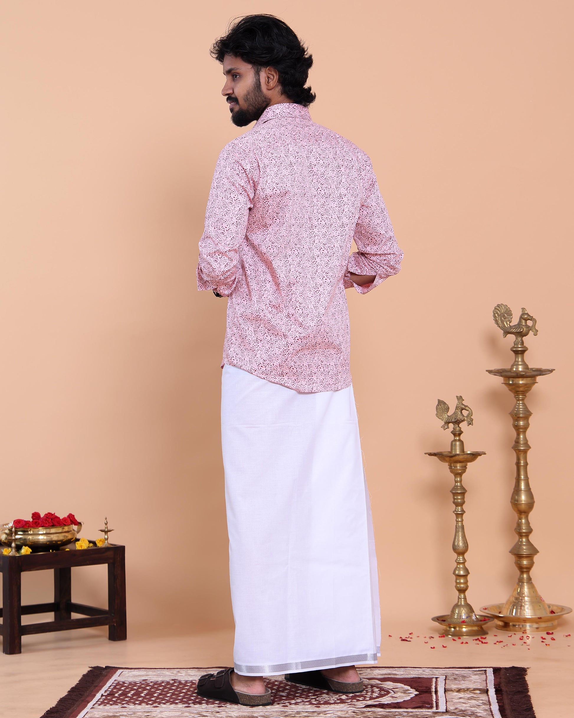 Men's Full Sleeve Shirt and Traditional Dhoti Set with Designer Border, Pink