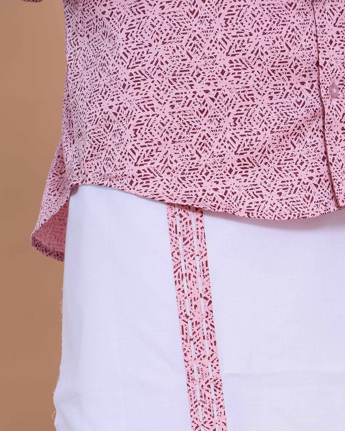 Men's Full Sleeve Shirt and Traditional Dhoti Set with Woven Border - Pink