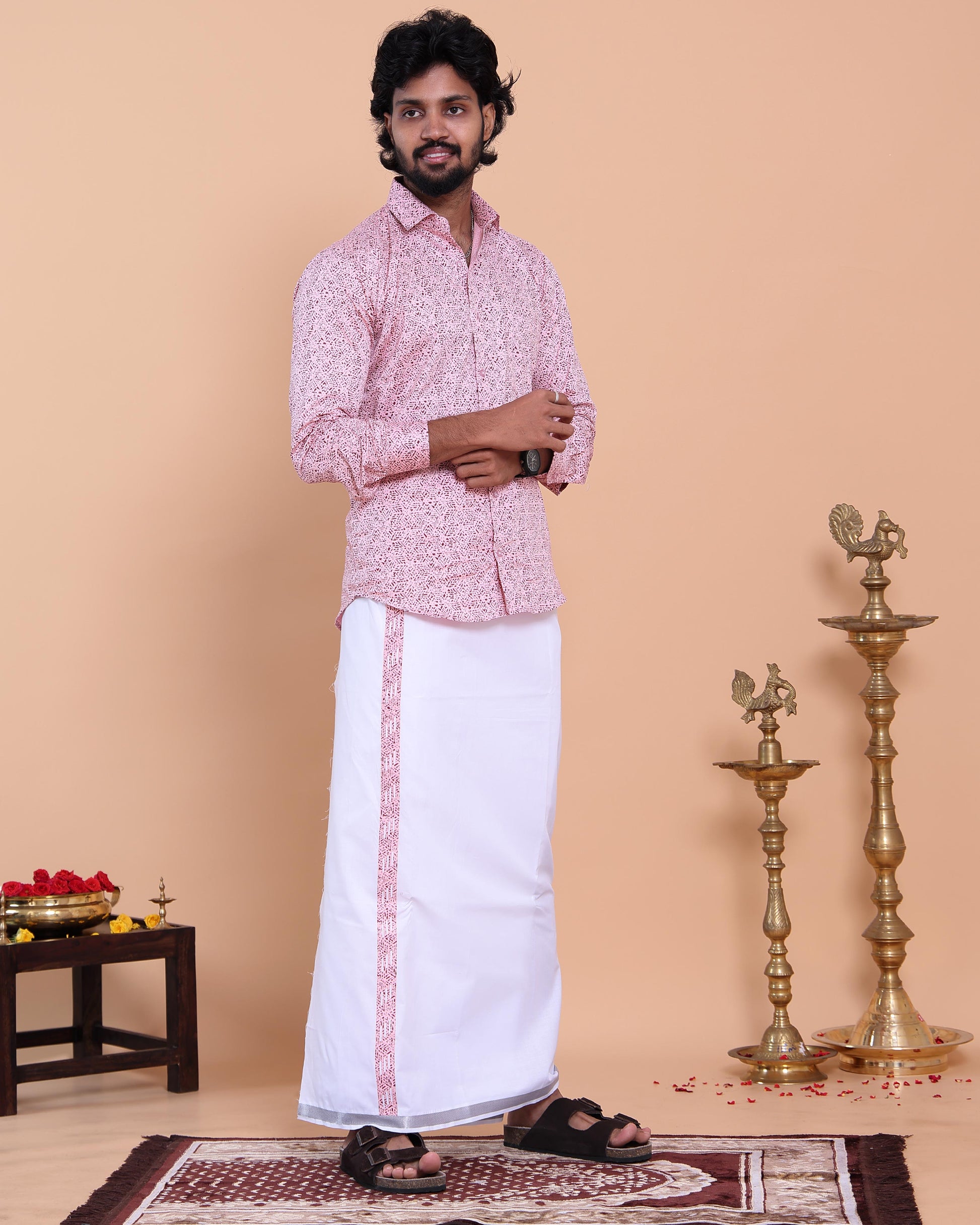 Men's Full Sleeve Shirt and Traditional Dhoti Set with Designer Border, Pink