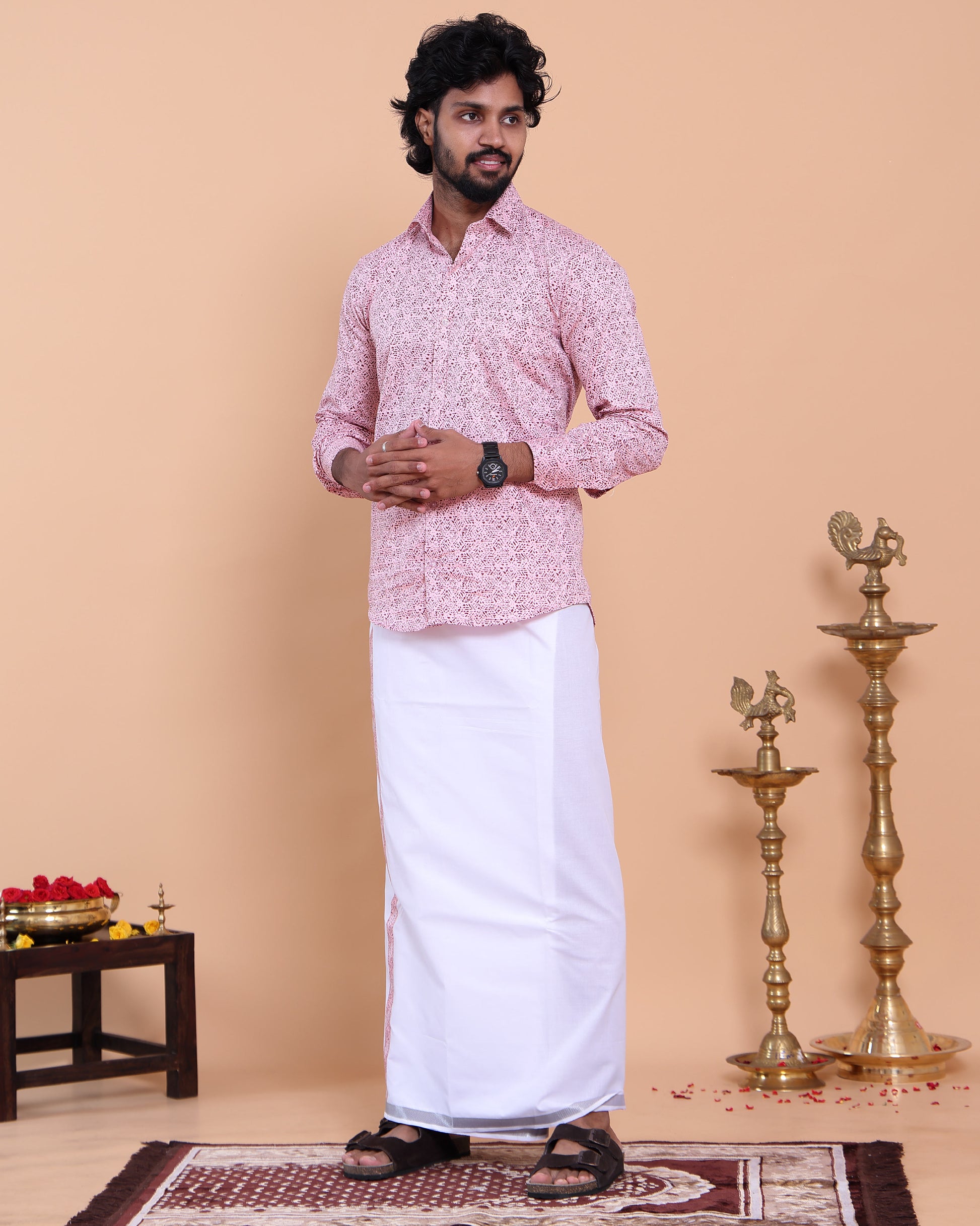 Men's Full Sleeve Shirt and Traditional Dhoti Set with Designer Border, Pink