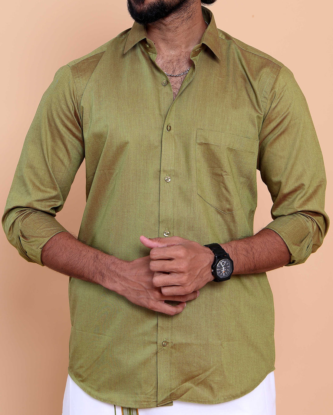 Elegant Men's Ethnic Full Sleeve Shirt & Dhoti Set with Traditional Border - Green
